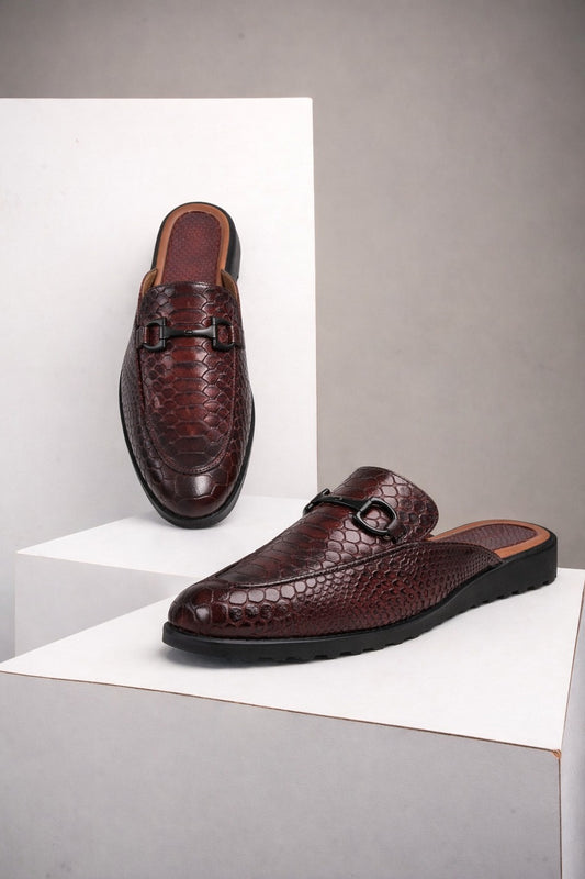 Red Python – Exotic Textured Leather Mule Loafers in Burgundy