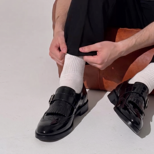 RNK Issac Black Patent Leather Monk Strap Shoes for Men – Premium Fringe Formal Shoes
