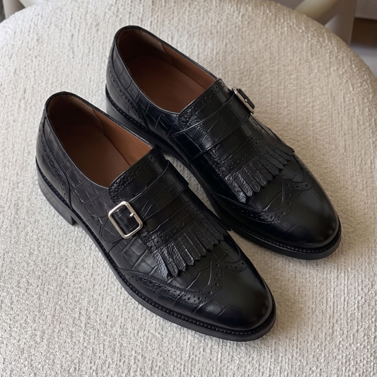 RNK Issac Croc Texture Monk Strap Shoes – Luxury Black Leather Formal Shoes for Men