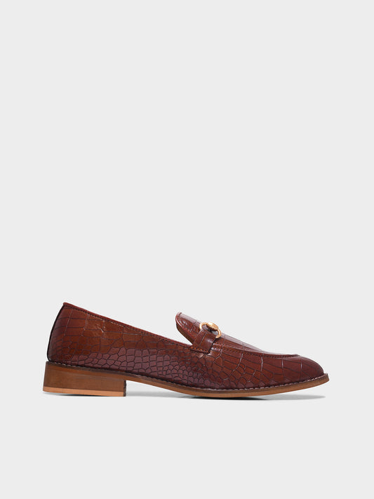 Tan leather horsebit loafers in crocodile texture