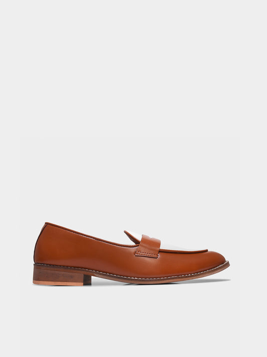 Brown leather loafer shoe on a light gray background