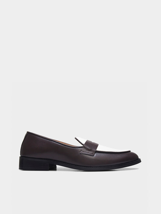 Brown loafer shoe on a light gray background