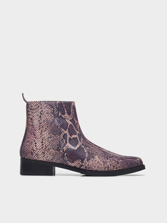 Python snake-patterned Chelsea boots with side zipper and mid heel