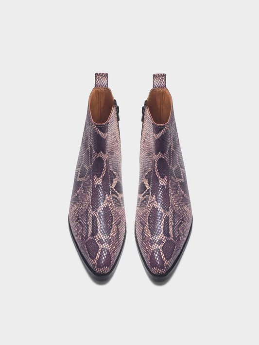 Python snake-patterned Chelsea boots with side zipper and mid heel