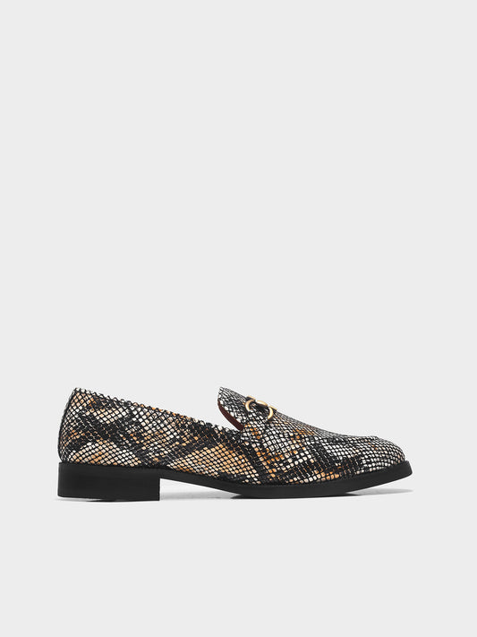 Golden and black snake-patterned penny loafer shoe on mid heel with a horsebit buckle