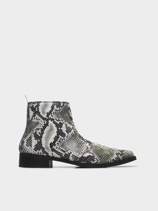 Python snake-patterned Chelsea boots with side zipper and mid heel