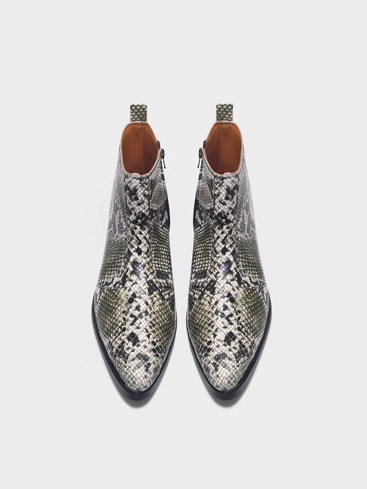 Python snake-patterned Chelsea boots with side zipper and mid heel