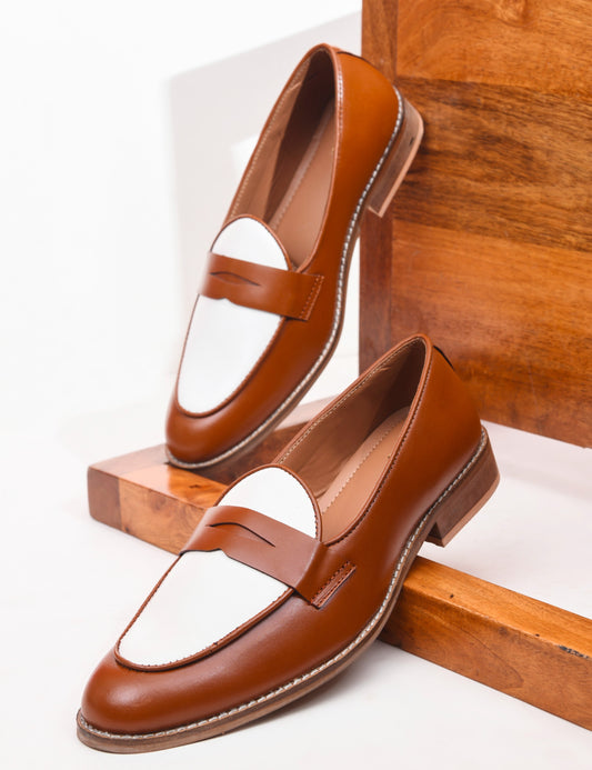 Tan and White Leather Loafers