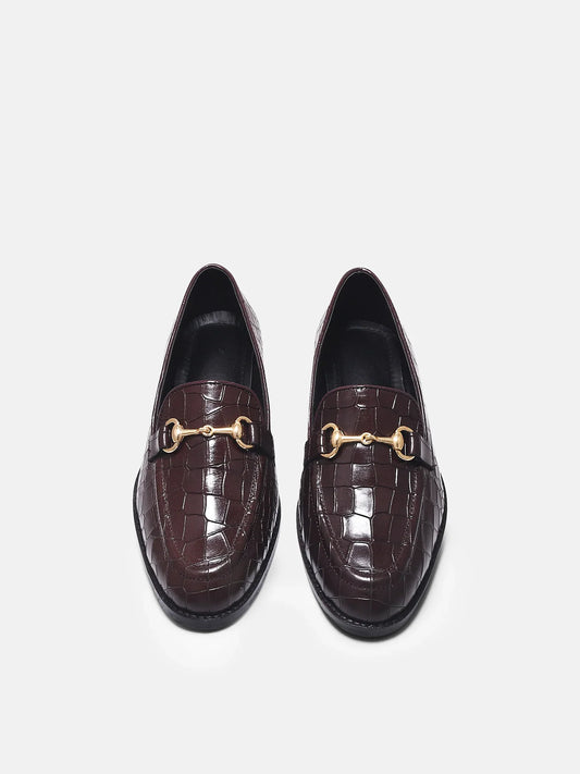 Crocodile textured brown leather loafers with horsebit buckle on Cuban heel