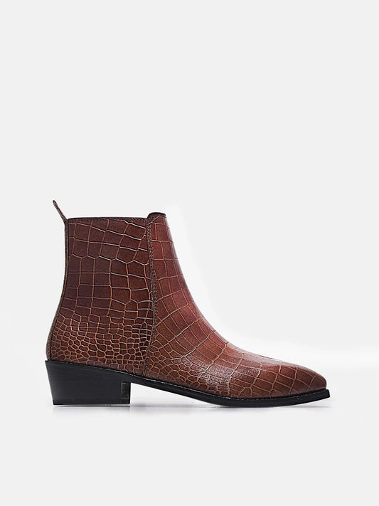 Tan colour crocodile textured leather boots with side zip on a Cuban heel