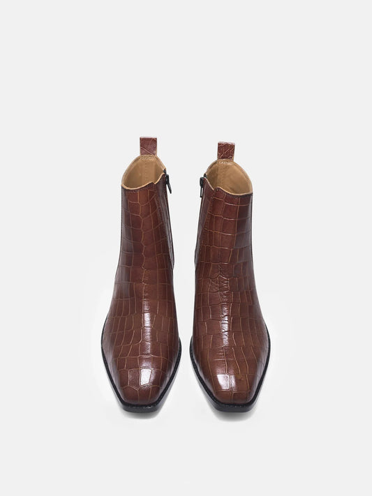 Tan colour crocodile textured leather boots with side zip on a Cuban heel