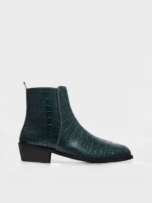 Green colour croco pattern leather boot with side zip and mid heel