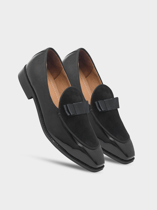 The Tuxe - Patent Leather & Suede Fusion Loafer with Grosgrain Bow in Jet Black