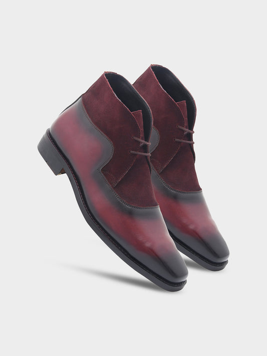 The Fusion (Oxblood) - Square Toe Chukka Boot in Black Suede & Calf Leather