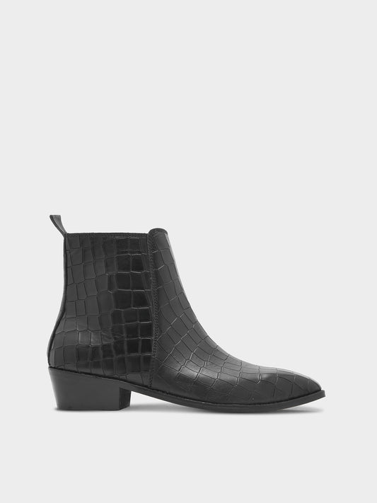 Leonardo Black - Men's Croco Textured Leather Side Zip Boots (Cuban Heel)