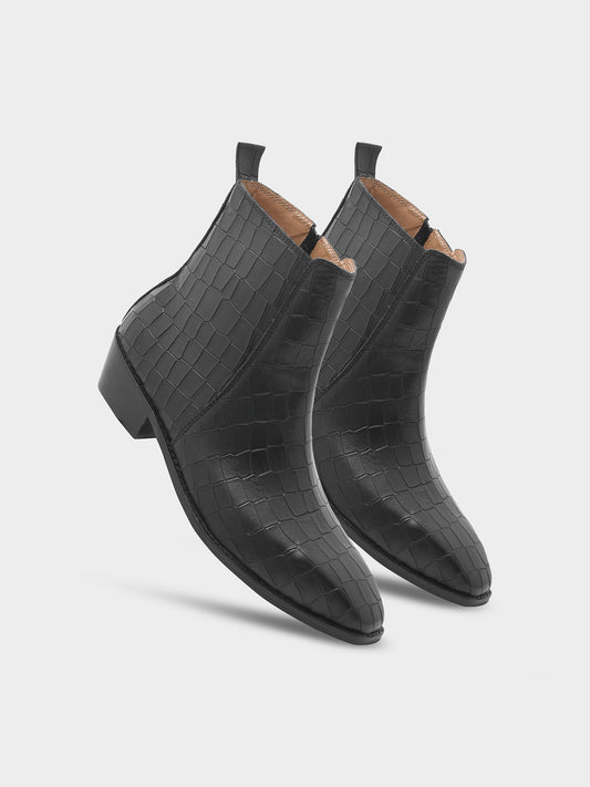 Leonardo Black - Men's Croco Textured Leather Side Zip Boots (Cuban Heel)