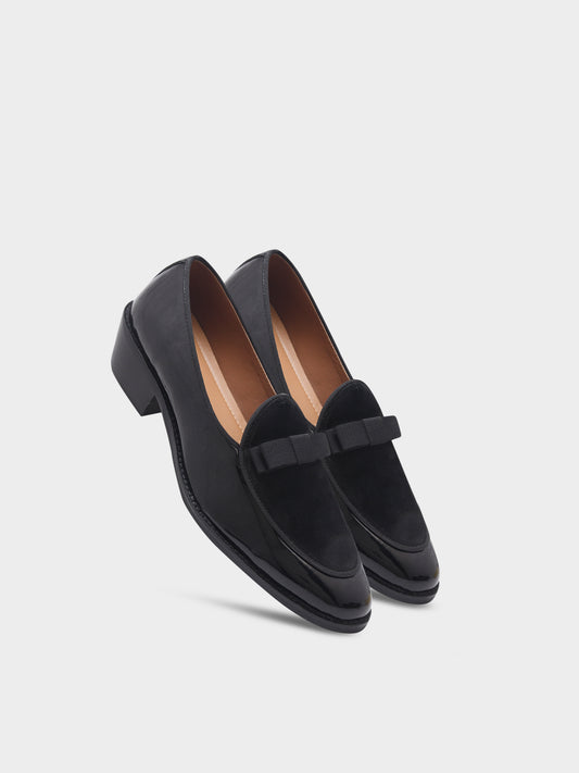 The Tuxe (Cuban Heel) - Patent Leather & Suede Fusion Loafer with Grosgrain Bow in Jet Black