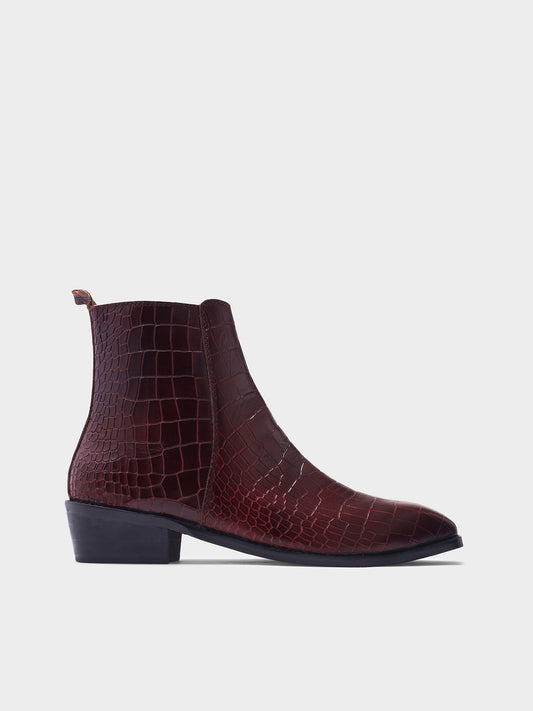 Burgundy crocodile textured leather boots with Cuban heel