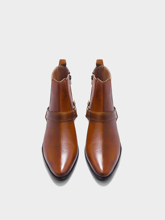 RNK Luxe Logan men's tan leather boots with gold chain detail and Cuban heel, pointed toe handcrafted luxury footwear