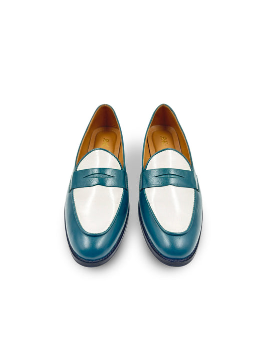 Pair of green leather penny loafers with white leather finish on top on mid heel