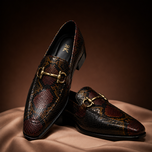 Brown Snake Foil Horsebit Loafers