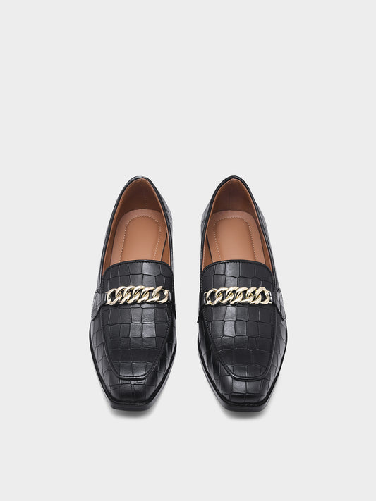 Noir Luxe Croc - Embossed Chain Loafers