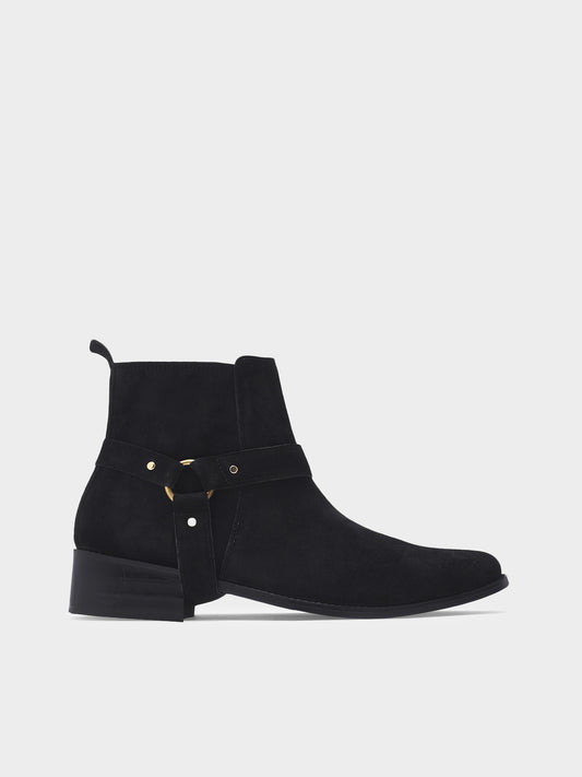 Phantom black suede harness boots for men featuring a pointed toe, side zip closure, and attached leather thong strap – luxury ankle boots by RNK Luxe for bold, stylish looks.