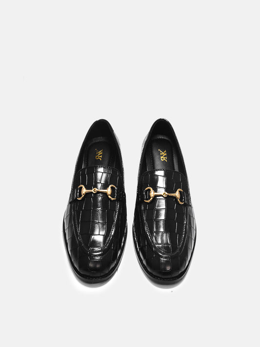 Crocodile textured leather loafers with horsebit buckle | RNK Luxe
