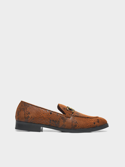 Brown snake-patterned penny loafer shoe on mid heel with a horsebit buckle