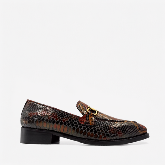 Brown Snake Foil Horsebit Loafers