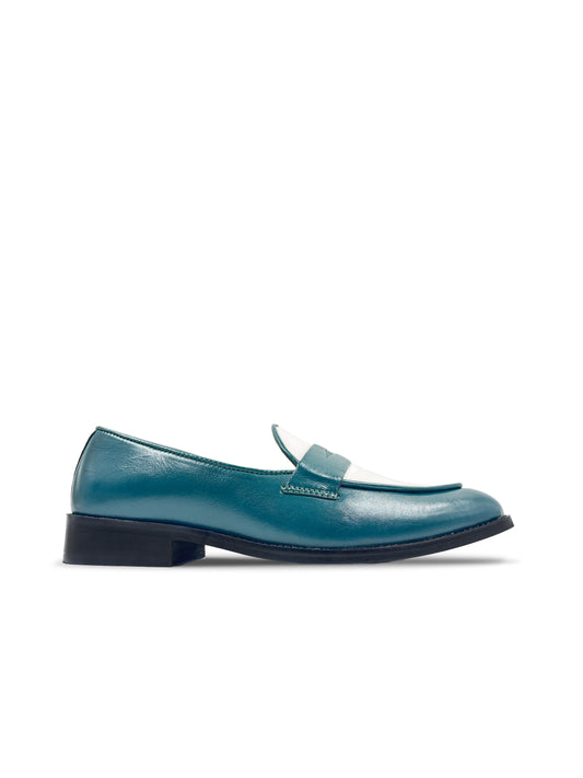 Green leather penny loafers with white leather finish on top on mid heel