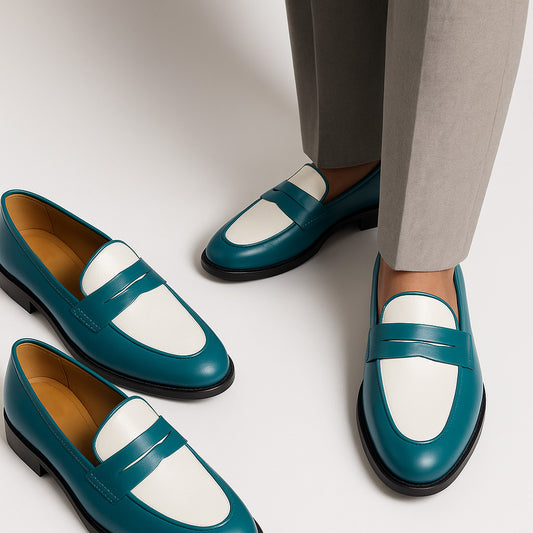 Green leather penny loafers with white leather on top on mid heel