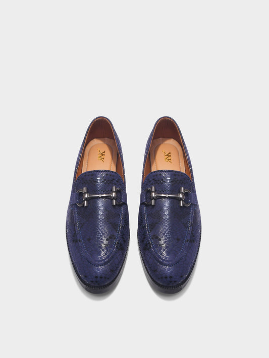 Pair of blue penny loafers with a horsebit buckle in mid heel | RNK LUXE