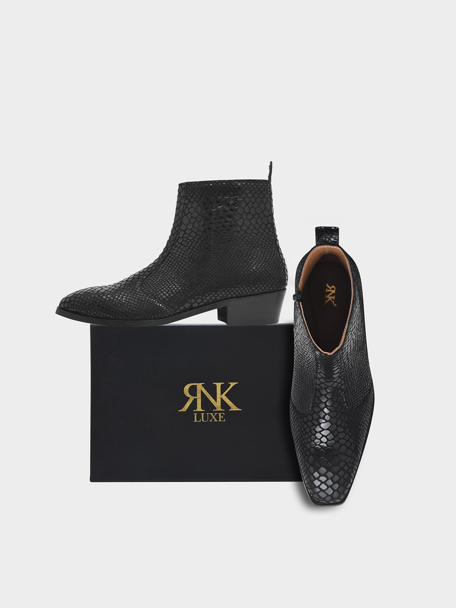 Morgoth - Sqaure Toe Cuban Heel Boot in Black Snakeskin-Textured Leather | RNK LUXE