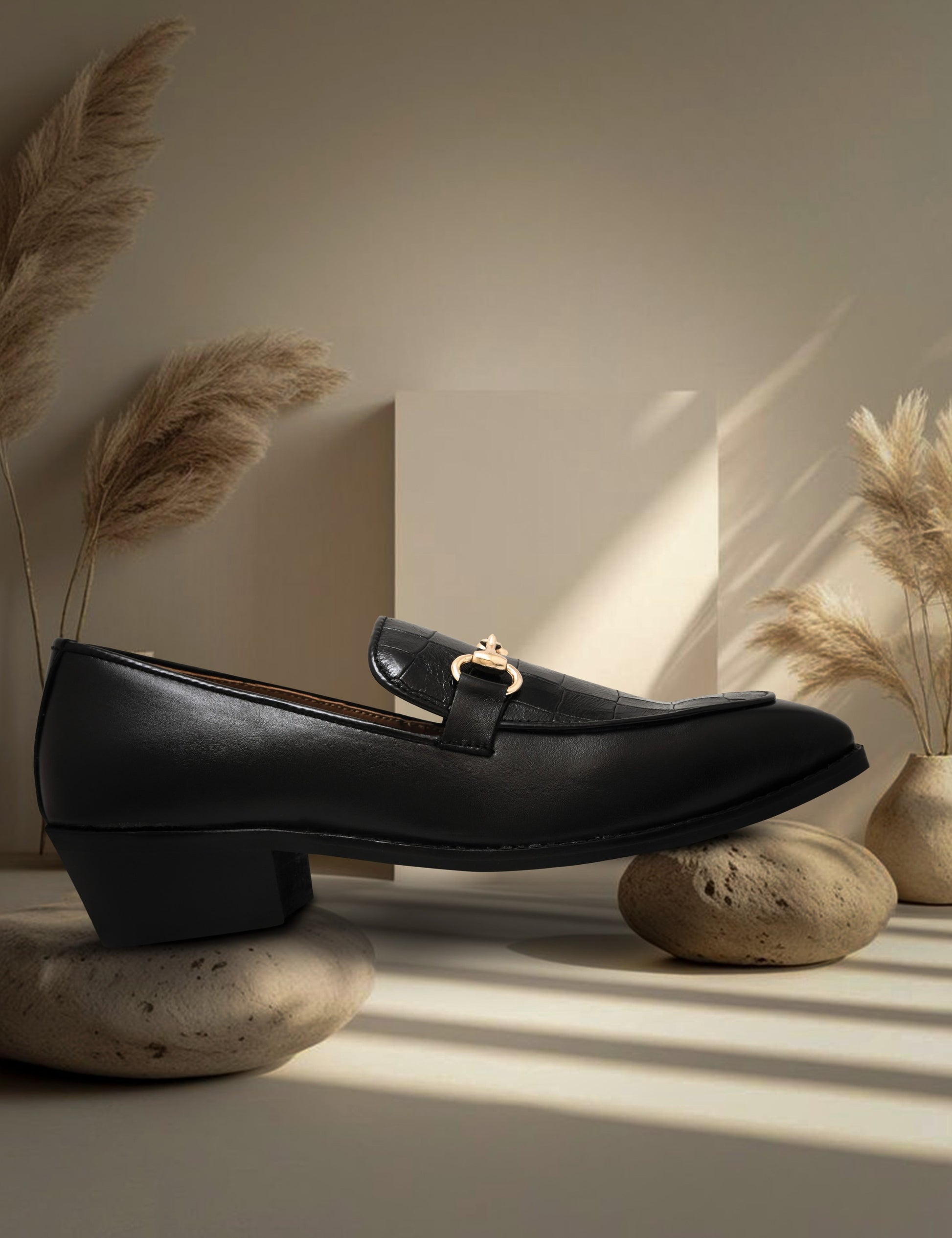 Richie Rich – Black Horsebit Loafers with Croc-Embossed Detail and Cuban Heel