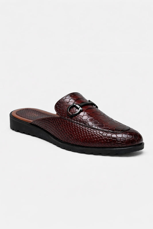 Red Python – Exotic Textured Leather Mule Loafers in Burgundy