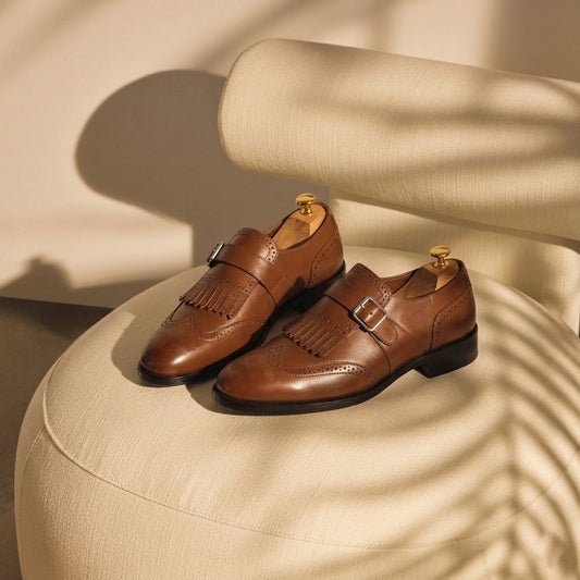 RNK Issac Brown Leather Monk Strap Shoes | Fringe Detailing