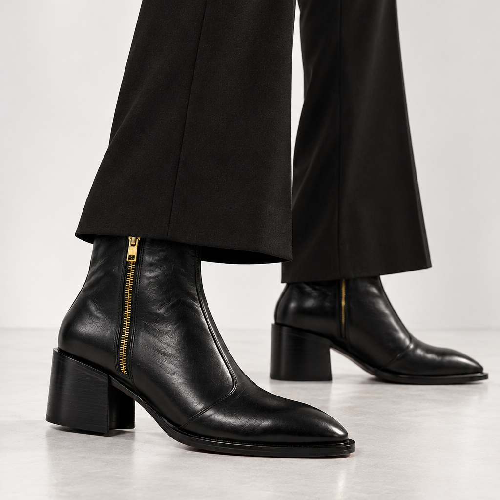Black leather ankle boots with a block heel and gold zipper detail, shown on a model wearing black trousers against a light gray studio background.