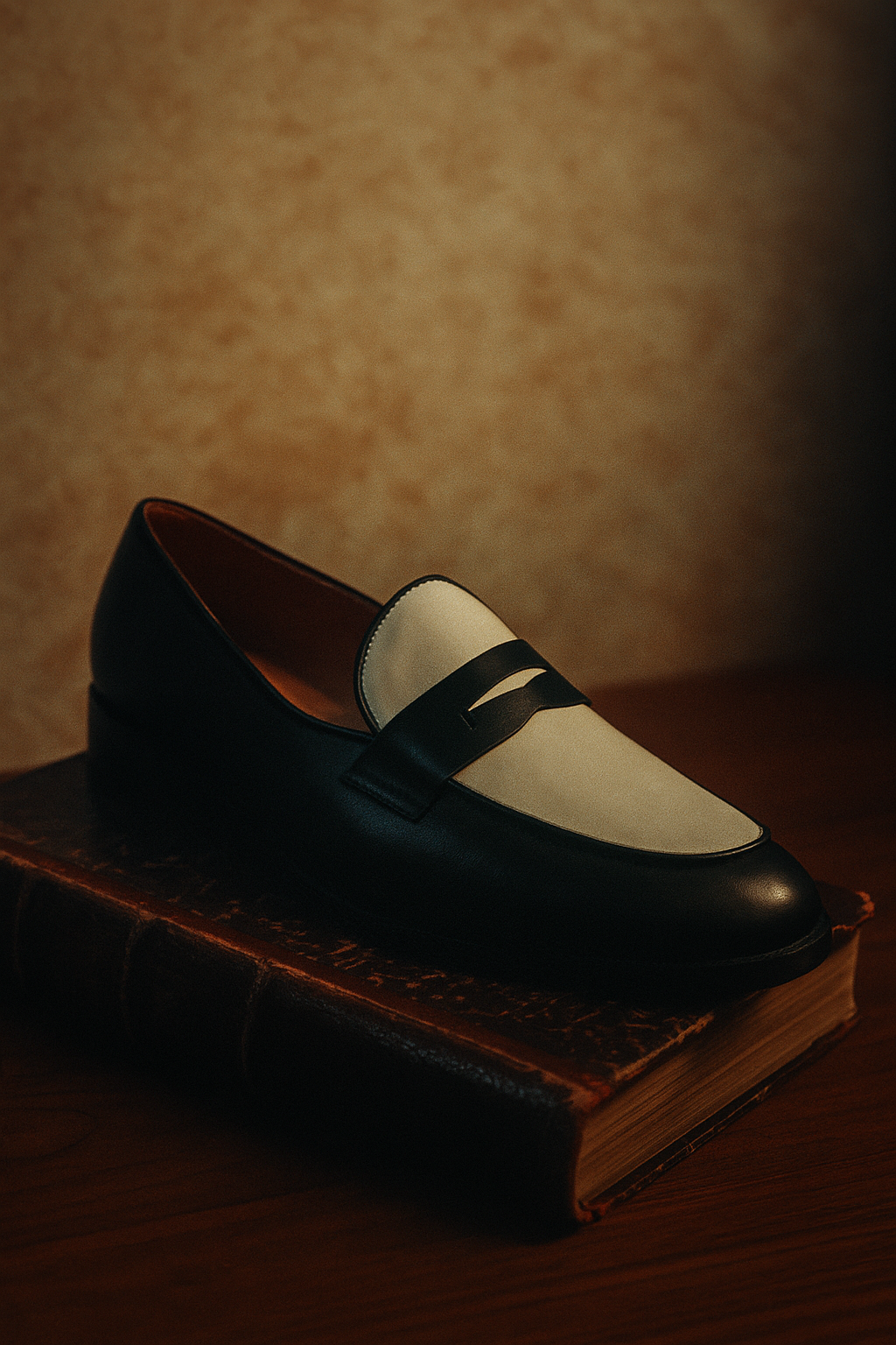 Black and white leather loafers on a mid heel 