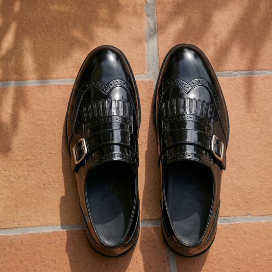 RNK Issac Black Patent Leather Monk Strap Shoes for Men – Premium Fringe Formal Shoes