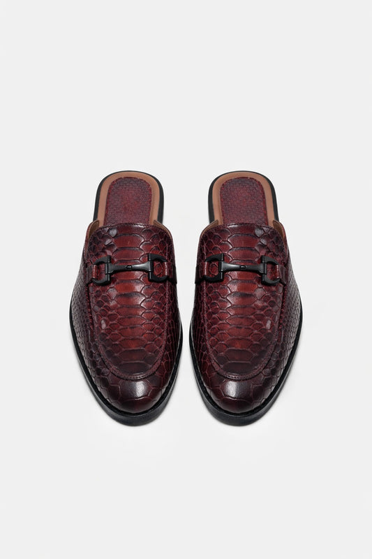 Red Python – Exotic Textured Leather Mule Loafers in Burgundy