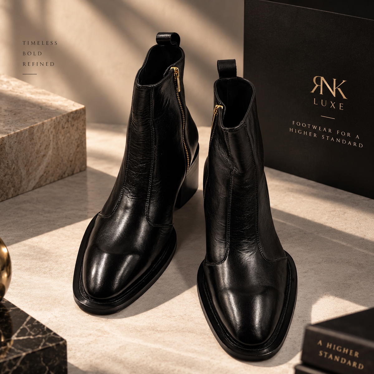 A pair of black leather ankle boots with a side zipper and block heel, displayed on a marble surface next to a black box branded RNK LUXE.