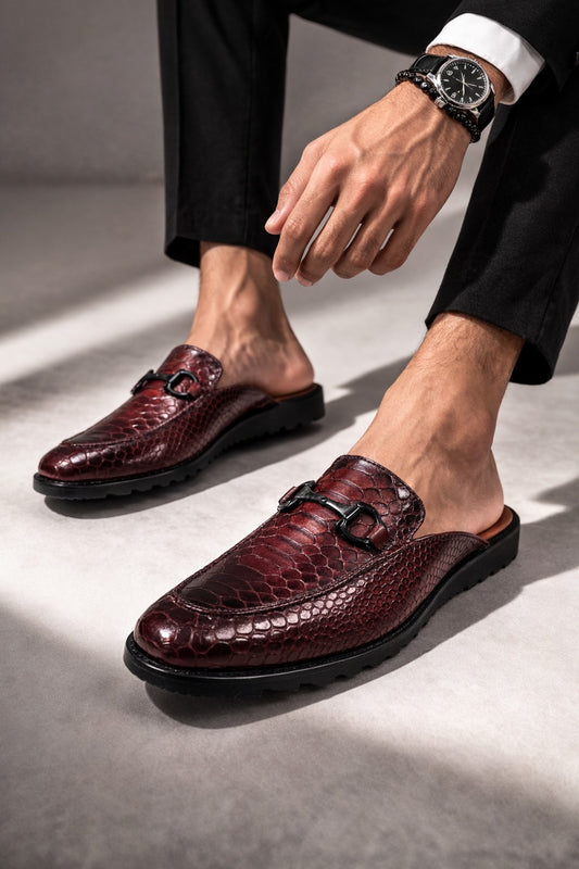 Red Python – Exotic Textured Leather Mule Loafers in Burgundy