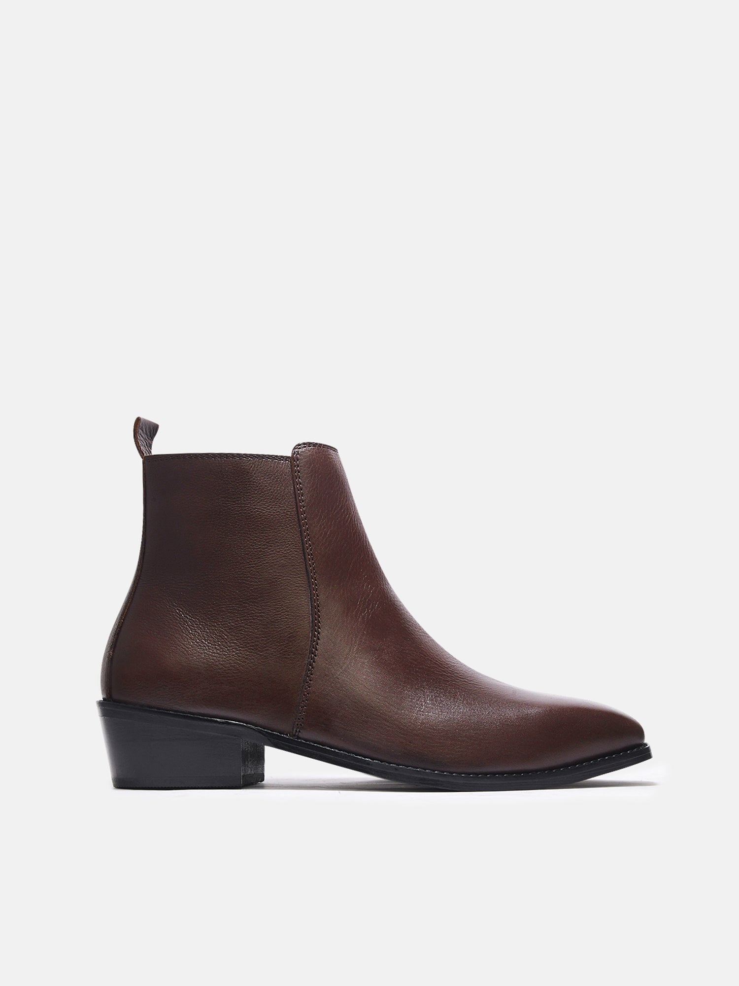 A brown, side zip leather boot with a cuban heel for men.