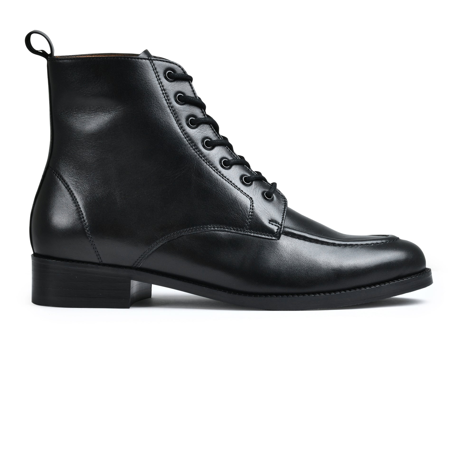 Black leather boot with laces on a white background
