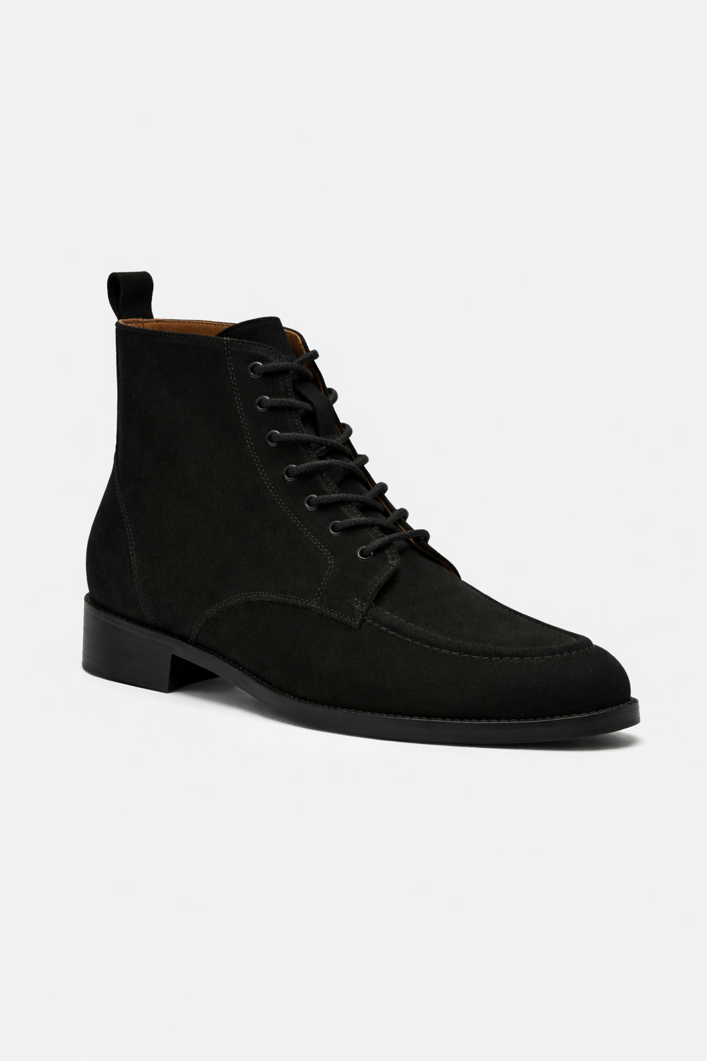 Black suede lace-up boot on a white background