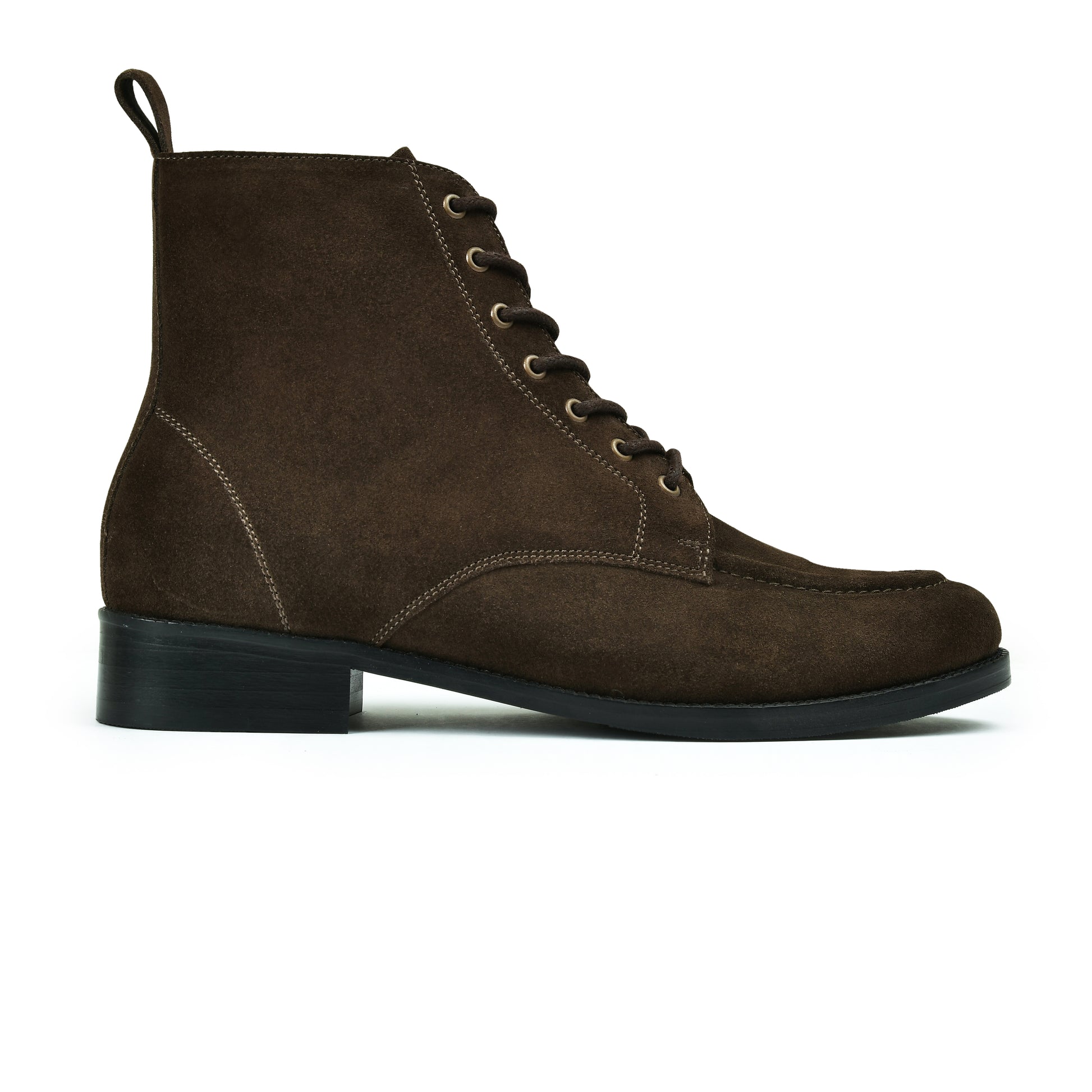 Brown suede lace-up boot on a white background