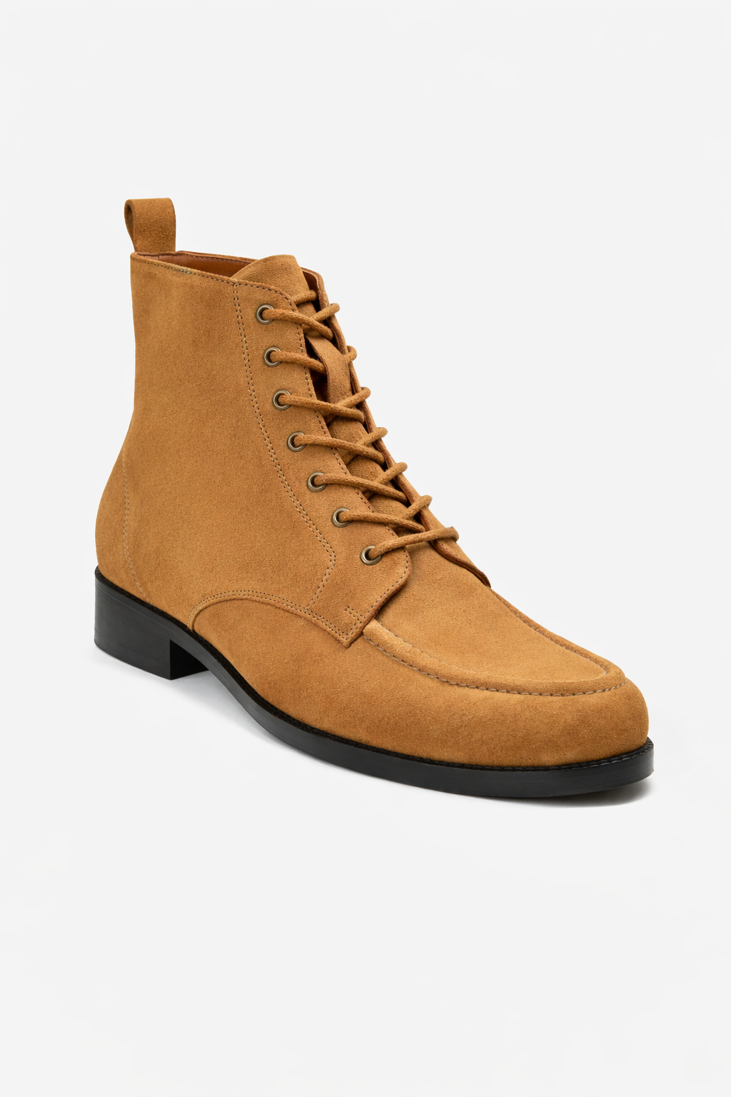 Tan suede lace-up boot on a white background