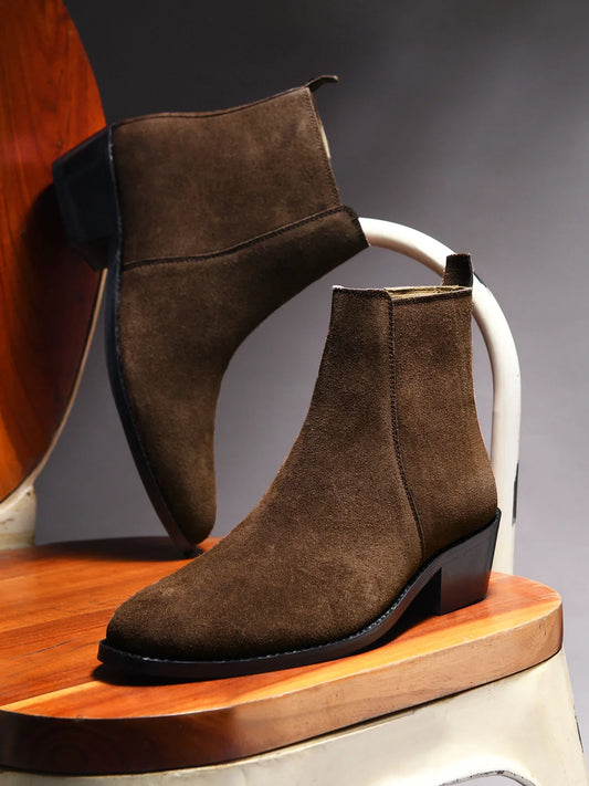 A men's luxury suede leather Chelsea boot with a cuban heel and zip side panels, in a brown color.