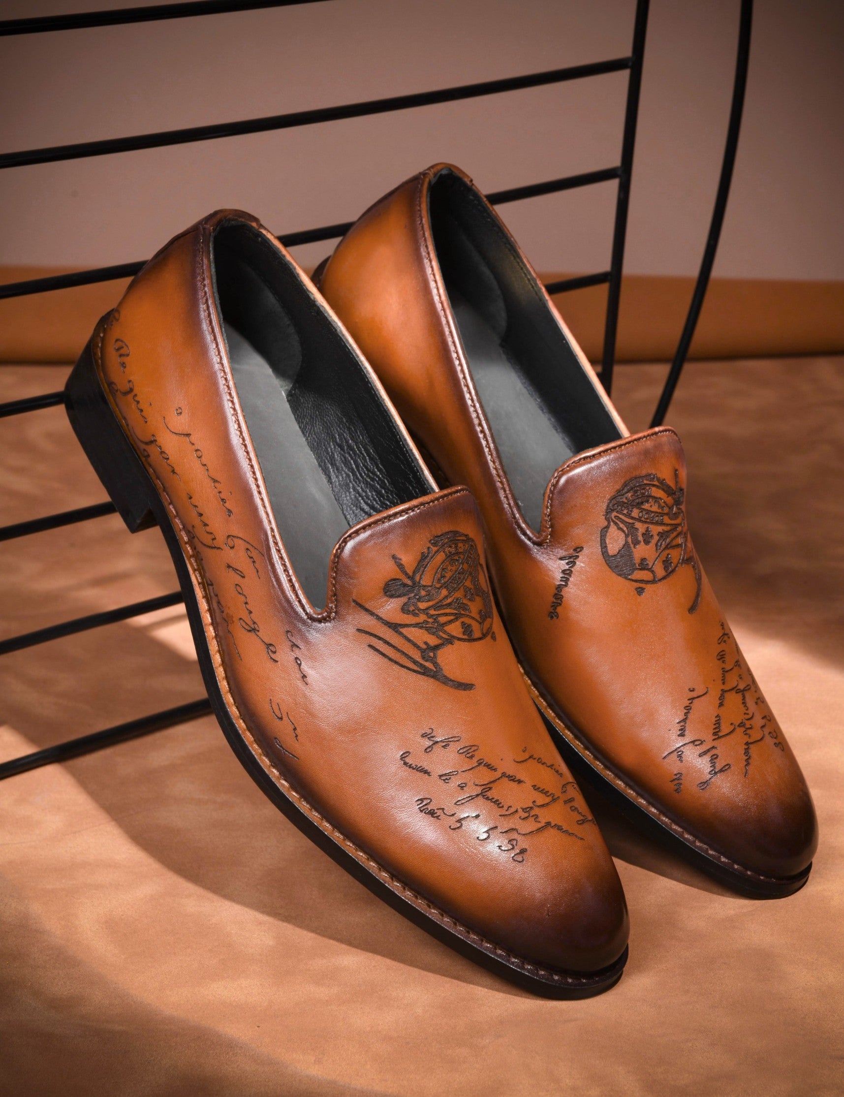 The Vinci Slipons - Hand Painted Slip-ons in Burnished Tan with Script Engraving